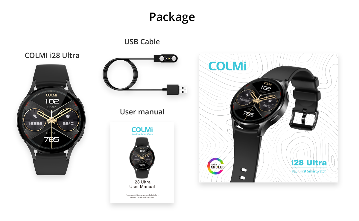 Colmi i28 ultra smart watch with amoled display for muslims in the box items